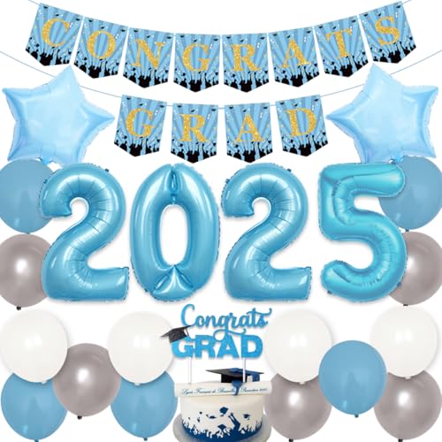 JOYMEMO Hellblaue Abschlussdekorationen 2025, Congrats Grad Banner & Cake Topper, Nummer 2025 Ballon, Hellblau Silber Weiß Luftballons für Abschlussfeier und Neujahrsparty Feier von JOYMEMO