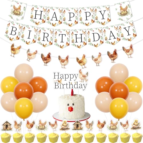 JOYMEMO Huhn Geburtstag Party Dekorationen - Huhn Happy Birthday Banner Kuchen Topper mit Cupcake Toppers Huhn Girlande Latex Ballons für Bauernhof Tier Thema Geburtstag Party Supplies von JOYMEMO