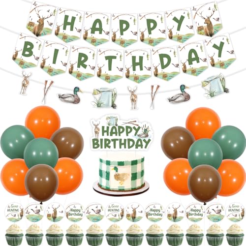 JOYMEMO Jagd- und Angel-Geburtstagsdekorationen Junge – Gone Hunting Fishing Birthday Supplies, Hunter Fisherman Happy Birthday Party Supplies für Camping Entenfisch 1. 2. 3. Party von JOYMEMO