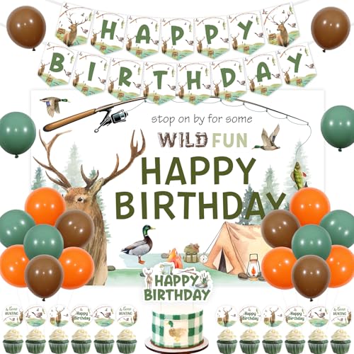 JOYMEMO Jagd- und Angel-Geburtstagsparty-Dekorationen, Junge – Gone Hunting Fishing Geburtstag Hintergrund Banner Kuchen Topper Kit, Hunter Fisherman Happy Birthday Party Supplies für Camping von JOYMEMO