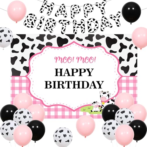 JOYMEMO Kuh Thema Geburtstag Party Dekorationen Mädchen - Moo Moo Happy Birthday Backdrop Banner und Kuh gedruckt Ballons, Bauernhof Tier Cowgirl Party Zubehör für Mädchen 2 3 4 5 Jahre alt Geburtstag von JOYMEMO