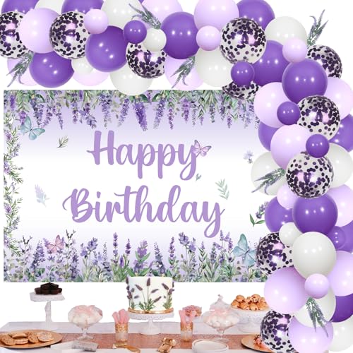 JOYMEMO Lavendel Geburtstag Luftballons Bogen Kit, lila Lavendel Blumen Schmetterling alles Gute zum Geburtstag Backdrop Banner künstliche Blumen Dekorationen für Mädchen Frauen Bday Party Dekoration von JOYMEMO