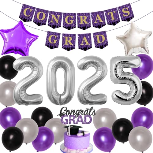 JOYMEMO Lila Silber Graduation Dekorationen 2025 - Congrats Grad Banner & Cake Topper, Nummer 2025 Luftballons, Lila Silber Schwarz Latex Ballons für Congrats Grade Party Supplies von JOYMEMO