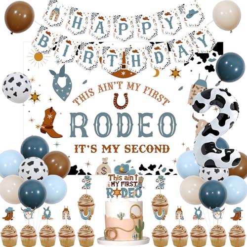 JOYMEMO My 2nd Rodeo Birthday Decorations Boy - This Ain't My First Rodeo Its My Second Birthday Backdrop Retro Blue Brown, Cake Topper & Cupcake Toppers, Cowboy Birthday Banner, Number 2 Balloon von JOYMEMO