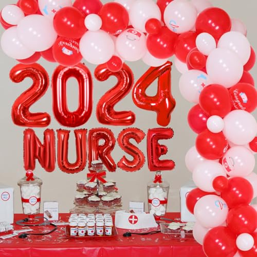 JOYMEMO Nurse Graduation Party Decorations for Nursing Medical School Students, Red White Nurse Balloons Garland Kit Decor, Number 2024 Foil Balloon, Hospital BSN RN Theme Party Supplies von JOYMEMO