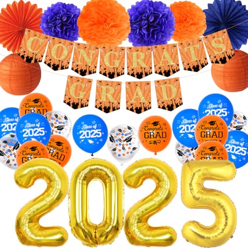 JOYMEMO Orange Blau Abschlussdekorationen 2025 - Congrats Grad Banner 2025 Goldfolie Zahlenballons Papierfächer Laternen Pom Poms Blumen für Klasse 2025 Grad Party Supplies University College von JOYMEMO