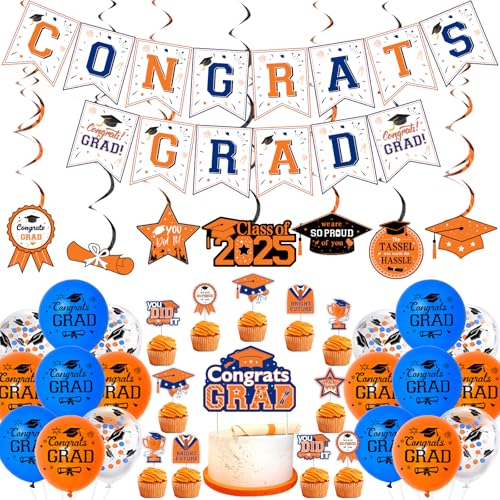 JOYMEMO Orange und Blau Graduation Party Dekorationen 2025, Congrats Grad Banner Cake Topper mit Cupcake Toppers, Klasse 2025 Hängende Wirbel, Abschlussfeier Supplies von JOYMEMO