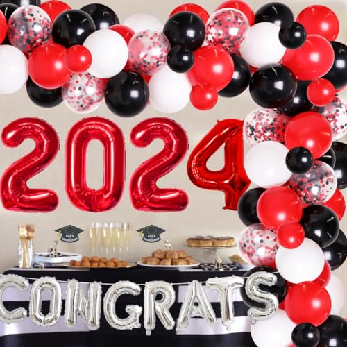 JOYMEMO Party-Dekorationen 2024 Rot und Schwarz – Ballon-Girlande-Set, 72-teilig, mit Congrats Luftballons, Zahl 2024, für High School, College, Crad, RN, Abschlussfeier, Partyzubehör von JOYMEMO