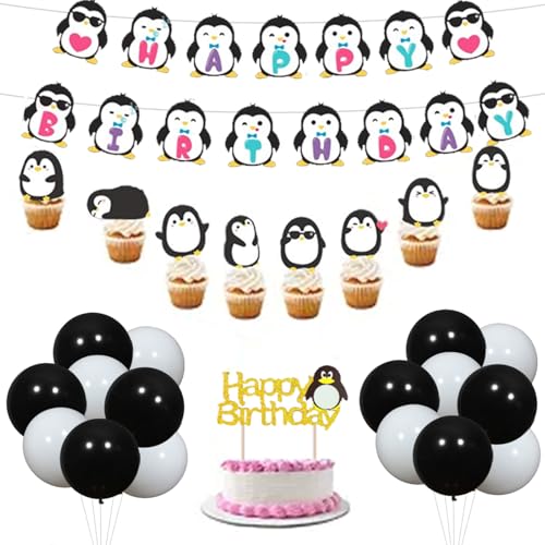 JOYMEMO Pinguin Party Supplies Alles Gute zum Geburtstag Banner Walking Pinguin Luftballons Cake Toppers für Geburtstagsfeier, Baby Shower Winter Polar Themed Geburtstagsparty Dekoration von JOYMEMO