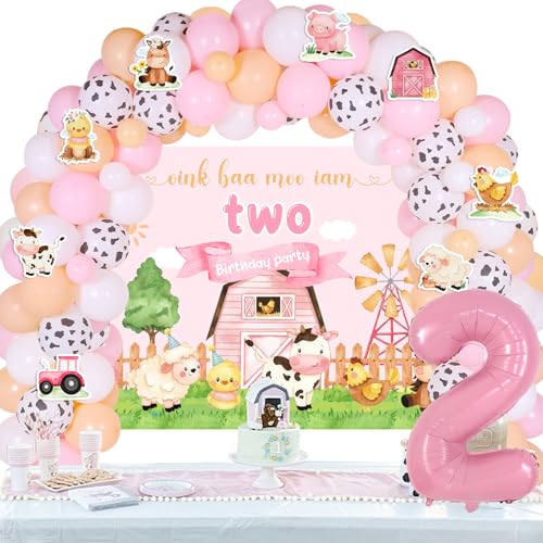 JOYMEMO Pink Farm 2nd Birthday Decorations for Girls Farm Animals Balloons Garland Arch Kit with Oink Baa Moo Im Two Backdrop, Cards, Number 2 Balloon, Farmhouse Moo Moo I Am Two Party Supplies von JOYMEMO