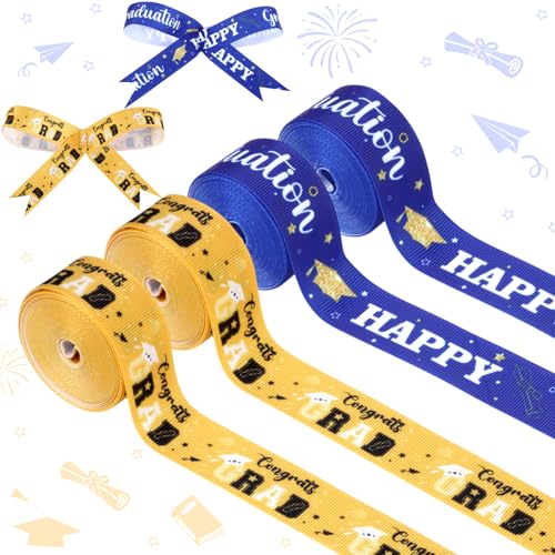 JOYMEMO Ripsbänder zum Schulabschluss, 2,5 cm, für Geschenkverpackungen, Leis, Kranz, Geldkuchen, Happy Graduation Class of 2025, 4 Rollen, 20 m, Gelb und Blau von JOYMEMO