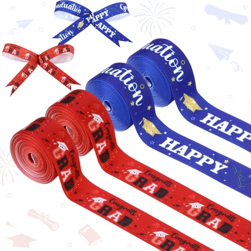 JOYMEMO Ripsbänder zum Schulabschluss, 2,5 cm, für Geschenkverpackungen, Leis, Kranz, Geldkuchen, Happy Graduation Class of 2025, 4 Rollen, 20 m, Rot und Blau von JOYMEMO