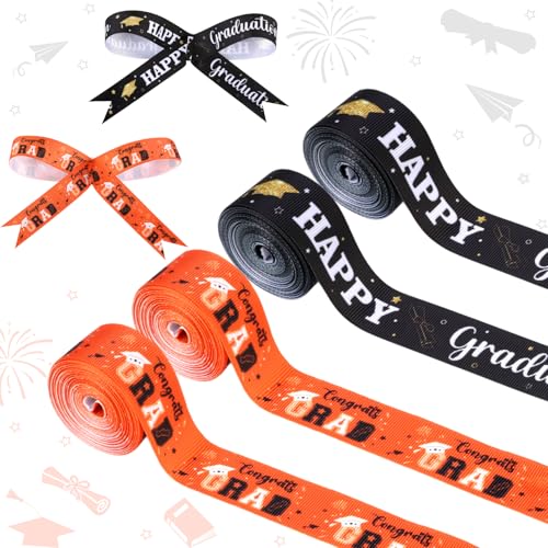 JOYMEMO Ripsbänder zum Schulabschluss, 20 m, Orange und Schwarz, 2,5 cm, für Geschenkverpackungen, Leis, Kranz, Geldkuchen, Partyzubehör, 4 Rollen von JOYMEMO