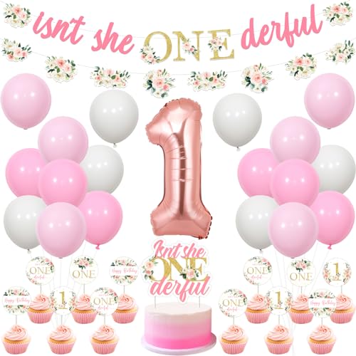 JOYMEMO Rosa Blumen 1. Geburtstag Dekorationen Mädchen - Isn't She Onederful Banner Cake Topper mit Cupcake Toppers, Blumengirlande für Little Miss Onederful First Birthday Party Supplies von JOYMEMO