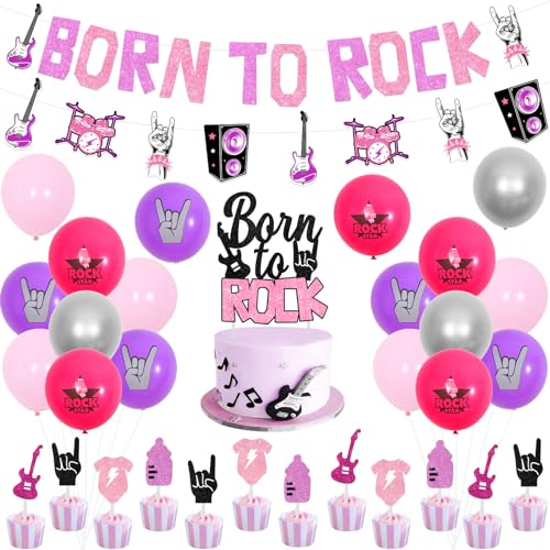 JOYMEMO Rosa Lila Rock Babyparty Dekorationen für Mädchen - Born to Rock Banner Cake Topper Rock and Roll Girlande Cake Topper Rock bedruckte Luftballons Musik Thema Babyparty Party Supplies von JOYMEMO