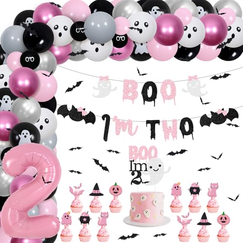 JOYMEMO Rosa Schwarz Halloween 2. Geburtstag Party Dekorationen für Mädchen, Halloween Ballon Girlande Bogen Kit mit Boo I'm Two Banner Cake Topper & Cupcake Topper, Fledermäuse Wandaufkleber, Nummer von JOYMEMO