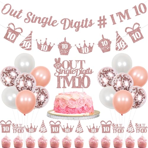 JOYMEMO Rose Gold Peace Out Single Digits I'm 10 Decorations Kit, Out Single Digits I'm 10 Banner, Tenth Birthday Garland, 10 Years Old Party Cake Topper, Cupcake Toppers, Latex Balloons von JOYMEMO