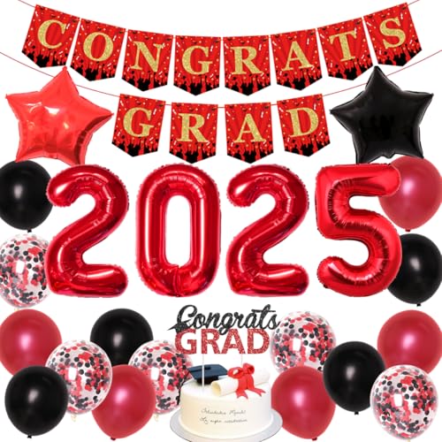 JOYMEMO Rot Schwarz Graduation Dekorationen 2025 - Congrats Grad Banner Cake Topper, Nummer 2025 Folienballon, Rot Schwarz Konfetti Ballons für Schulgrad Neujahr Urlaub Feier Party Supplies von JOYMEMO