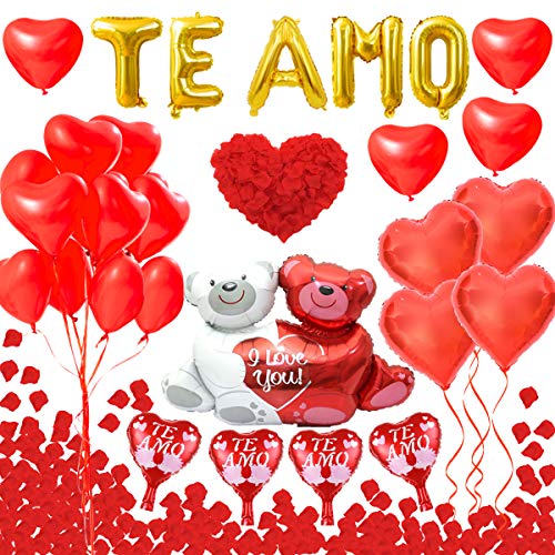 JOYMEMO Rot Valentinstag Dekoration Set - Gold XXL "TE AMO" Banner, Luftballons "Bär & Rotes Herz", 1000 Seidenrosenblätter für die Hochzeitstagsparty zum Valentinstag von JOYMEMO