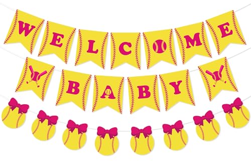 JOYMEMO Softball-Thema Babyparty-Dekorationen, Willkommens-Banner Softball-Girlande, Sport-Gender-Reveal-Partyzubehör, Foto-Requisiten, Gelb und Hot Pink von JOYMEMO