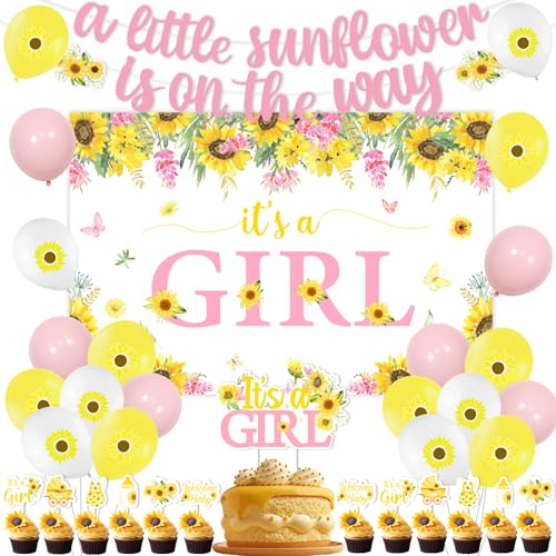 JOYMEMO Sonnenblume Baby Dusche Dekorationen Kit für Mädchen, eine kleine Sonnenblume ist auf dem Weg Banner, es ist ein Mädchen Hintergrund und Kuchen Topper, Cupcake Toppers, Luftballons, rosa und g von JOYMEMO