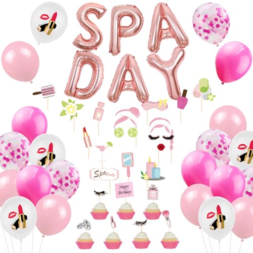 JOYMEMO Spa Day Decorations Set - Spa Day Banner, 16PCS Photo Booth Props, 7PCS Cosmetics Cake Toppers, Kiss Lip Heart Confetti Balloons for Make Up Salon Party, Girls Birthday Suppliers von JOYMEMO