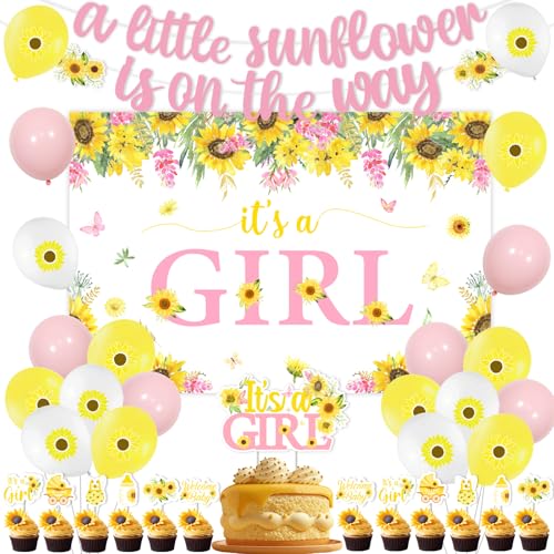 JOYMEMO Sunflower Babyparty-Dekorationsset für Mädchen, "A Little Sunflower Is On The Way", Banner, It's A Girl, Hintergrund und Tortenaufsatz, Cupcake-Topper, Luftballons, rosa und gelb Partyzubehör von JOYMEMO