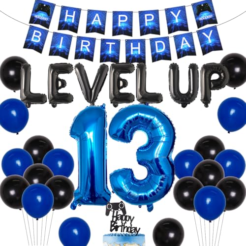 JOYMEMO Videospiel 13. Geburtstag Dekorationen für Jungen Spiel auf Geburtstag Party Supplies blau Gaming alles Gute zum Geburtstag Banner Game Controller Ballon Nummer 13 Folie Ballon von JOYMEMO