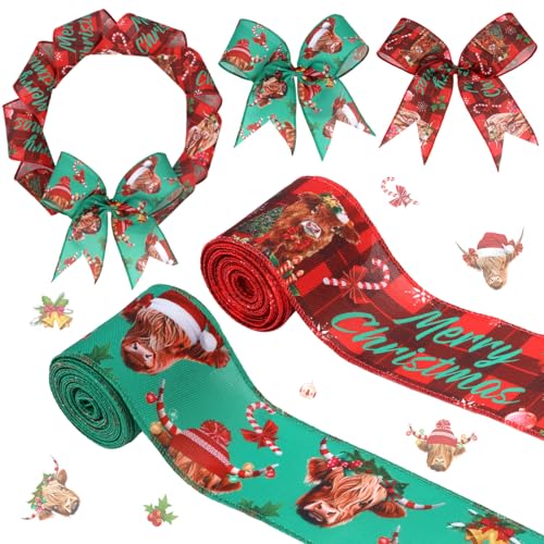 JOYMEMO Weihnachtsband mit Hochlandkuh-Motiv, rot-grünes Rinder-Schneeflocken-Karo, Drahtrand, für Weihnachten, Winter, Urlaub, Neujahr, Bauernhoftiere, Party, Geschenkverpackung, Kränze, Schleife, von JOYMEMO