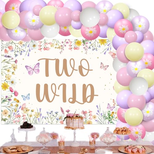 JOYMEMO Wildflower 2nd Birthday Ballonbogen Kit, Blumen zwei wilden zweiten Geburtstag Backdrop 2 Jahre altes Mädchen Bday Dekor, Schmetterling Blumen zwei Jahre alt Geburtstag Dekorationen Garten-Zub von JOYMEMO