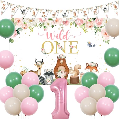 JOYMEMO Woodland 1. Geburtstag Dekorationen für Mädchen Wild One Birthday Hintergrund Woodland Creatures Wimpel Banner Pink Forest Animals Happy 1st Birthday Party Supplies von JOYMEMO