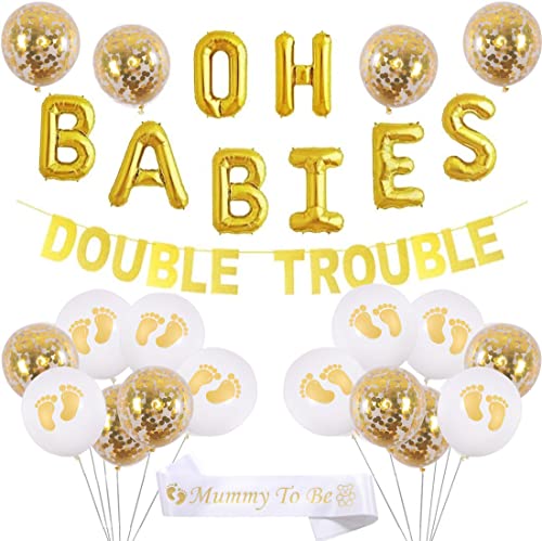 JOYMEMO Zwillinge Babyparty Dekorationen Set Gold Thema Banner, OH Babys Luftballons, Mumie Schärpe für Babys Partyzubehör von JOYMEMO