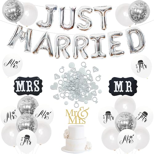 Just Married Dekorationen Set Silber, Mr and Mrs Schild und Kuchenaufsatz, Just Married Ballon Banner, Silber Konfetti Dekor für Hochzeit Heiratsantrag Verlobung Party Supplies von JOYMEMO