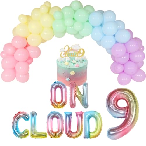 KOYMEMO On Cloud 9 Geburtstagsdekorationen für Mädchen Pastell Rainbow Balloon Garlande Arch Kit On Cloud 9 Cake Topper Ballon Banner für Sky Theme 9. Geburtstag Party Supplies von JOYMEMO