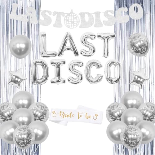 Last Disco Bachelorette Party Dekorationen Silber Last Disco Banner Discokugel Ring Luftballons Schärpe Folienvorhang für Brautdusche Tanzmusik Festival Partyzubehör von JOYMEMO