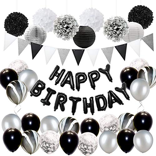 JOYMEMO Schwarz Silber Geburtstagsdeko Männer Frauen - Schwarz Weiß Konfetti Marmor Ballons Set, Happy Birthday Banner, Papier Poms für 18. 21. 30. Geburtstag Party Supplies von JOYMEMO