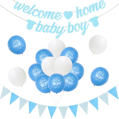 Welcome Home Baby Boy Party Dekoration, Blau Geschlecht Reveal Dekoration mit Glitzer Banner/Baby Flasche, Liebesförmige Folienballons, für Neugeborene Baby Junge Willkommensparty, Taufe Party von JOYMEMO