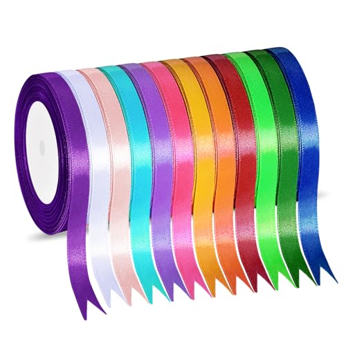 12 Farben Satinband, Schleifenband 10mm * 22m Geschenkband Dekoband Stoff Bänder, Seidenbänder Pastell zum Geschenkverpackung, Bastelarbeiten, Geburtstag und Hochzeitsdekoration von JOYSAL