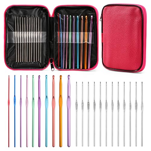 Häkelnadeln Set mit rotem Aufbewahrungsetui, 22 Stück Häkelnadeln Set ergonomische Stricknadeln Stumpfe Nadeln DIY Hand Knitting Craft Art Tools für Anfänger von JOZEA