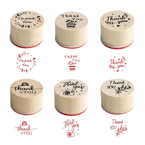 JOZMMZEOOA Holzstempel,6 Stücke Holz Stempelset Natur Gummi Stempel Rund Mini Vielen Dank Stempel Vintage Wooden Stamp,für Kartenbasteln Scrapbooking Bullet Journal Geschenkverpackung von JOZMMZEOOA