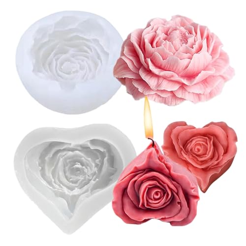 JOZMMZEOOA Kerzen Formen Silikon 2 Stücke 3D Blumen Silikonformen Gießformen DIY Rose Pfingstrose Kerzenform,für Kerzen Selber Machen Kuchen Backen Schokolade Seife Kerzenherstellung von JOZMMZEOOA