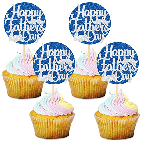 JOZON 36 Stück glitzernde Happy Father's Day Cupcake Topper mit Bart Liebe Muskelschilder rund Glitzer Vatertag Danke Papa Best Dad Cupcake Picks für Väter Tag Geburtstag Party Supplies Cupcake Dekorationen (blau silber) von JOZON