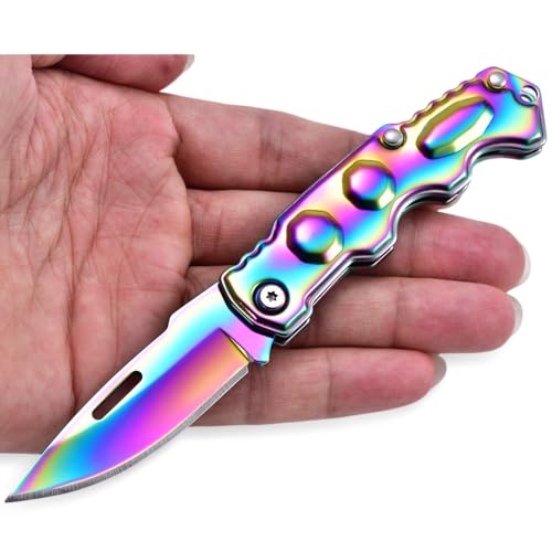 JPCRMOV Klappmesser kleine Taschenmesser leicht und kompakt, Zweihandmesser Edelstahl mit Titannitrit-Beschichtung, Tragbar Outdoor Survival Messer nur 62g (Regenbogenfarbe) von JPCRMOV