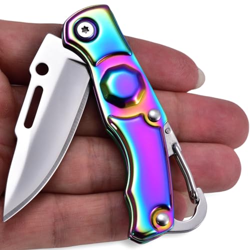 JPCRMOV Mini Taschenmesser klein Klappmesser leicht und kompakt, Edelstahl mit Titannitrit-Beschichtung, Tragbar Outdoor knife EDC Survival Messer Regenbogenfarbener Griff von JPCRMOV