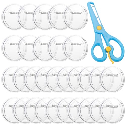 30 Stück Buttons Anstecker Selber Machen, Transparente Acryl Button Abzeichen mit Kinder Sicherheit Schere, Acryl Knopf Pin Rundes Abzeichen, Klar Knopf Pin Abzeichen Kit für Handwerk Lieferungen von JRJRN