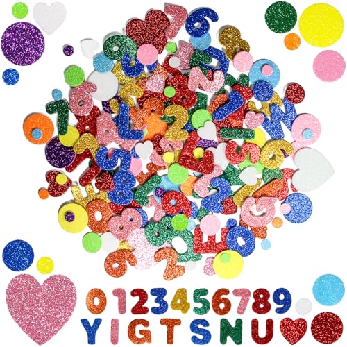 390 Stück Glitter Schaumstoff Aufkleber, Selbstklebendes Glitzer Schaumstoff Stickers, Buchstaben Moosgummi/Zahlen Aufkleber, Bunte Herz/Rund Schaumstoff Sticker für Kinder Basteln, Heimdekoration von JRJRN