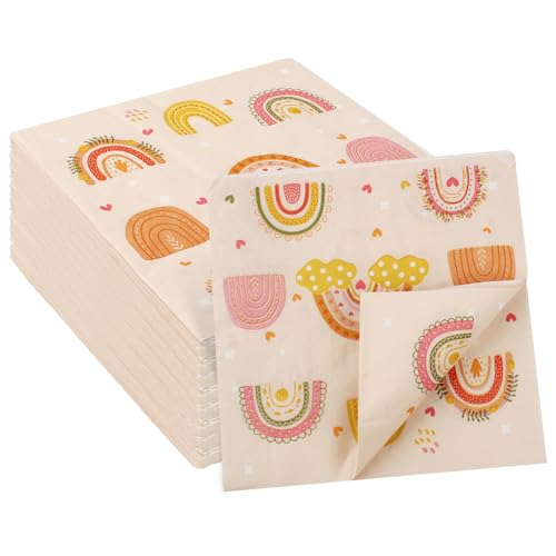 60 Stück Boho Regenbogen Servietten, 33 X 33cm Boho Einweg Party Servietten, Taufe Servietten, Weich und Bequem Getränke Servietten, Papierservietten Bunt für Babyparty Mädchen Tischdeko von JRJRN