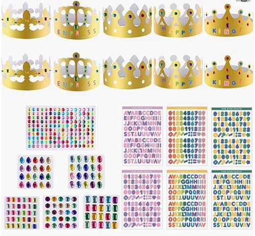 19 Stück Papier Krone Partyhüte mit 6 Blatt Alphanumerische Aufkleber und 6 Blatt Selbstklebende Strasssticker, Golden Paper Crowns, Diy Party Krone Geburtstag, für Junge Mädchen Geburtstagsfeier von JRSHIRLEYLTD