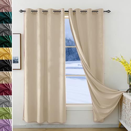 JRUI Vorhänge Verdunkelung, Gardine Blickdicht 1er Set 240x200cm (HXB), Vorhänge Samt mit ösen, Verdunklungsvorhang Kinder, Thermovorhänge, LäRmschutz Vorhang, Curtains Beige von JRUI