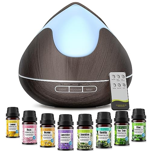 Aroma Diffuser, 500ml Duftöl Diffuser mit 8 X10ml Ätherische Öle,Ultraschall-Luftbefeuchter mit 14 Farben LED mit Fernbedienung, 4 Timer Einstellung von JRXH